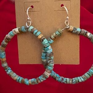 Heishi Turquoise Dangle Hoop Earrings Sterling Silver 925 Wires